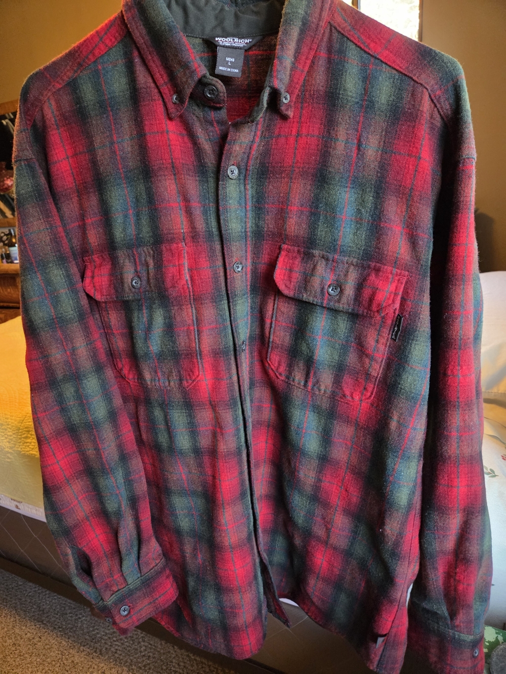 Woolrich Red and Green Plaid Button-Down Flannel Shirt
